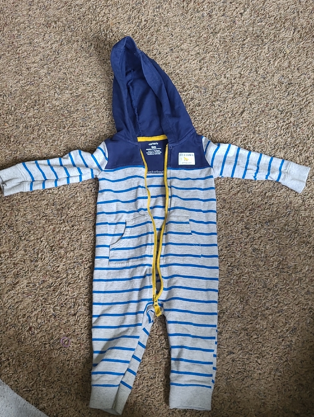 Carter's Navy Hooded Gray One-Piece with Blue Stripes and Yellow Zipper